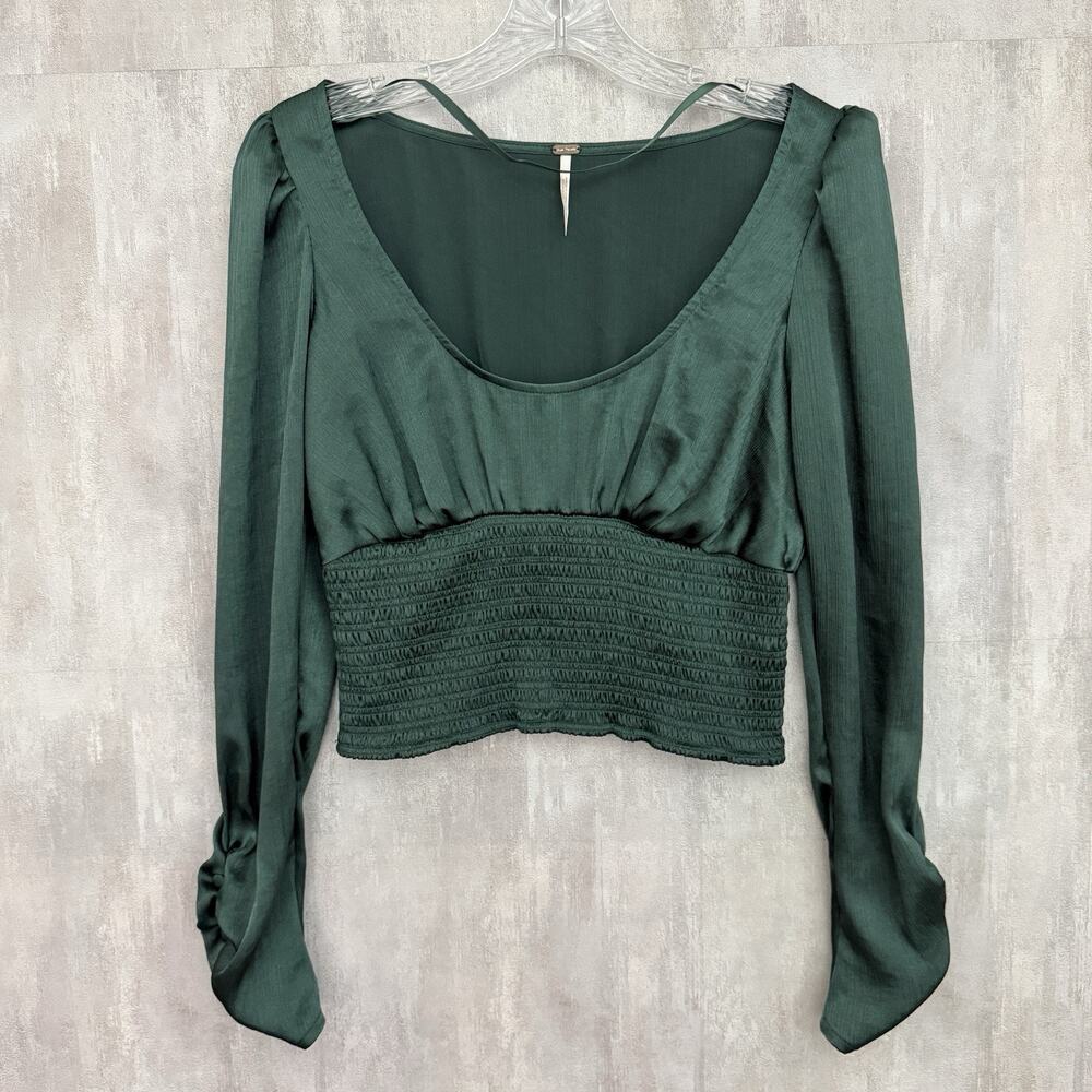 Free People Top Small Cropped Santiago Smocked Boho Chic Button Up Sleeves Green